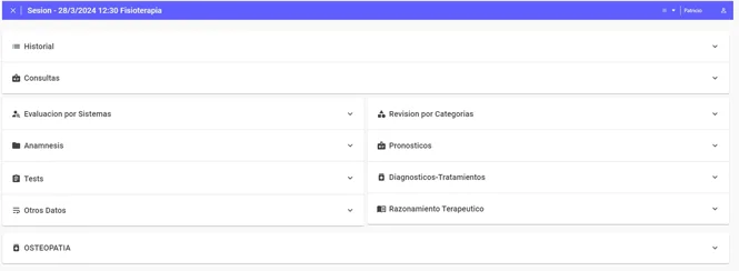 Interfaz del software iFisia para la gestión de historiales clínicos, consultas, evaluaciones, anamnesis, tests y otros datos del paciente