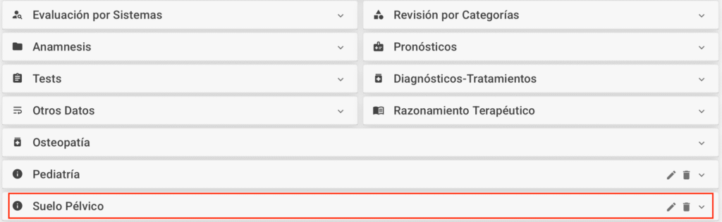 Captura del software iFisia en la parte del historial clínico resaltando el módulo de suelo pélvico