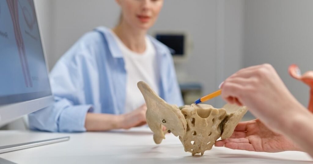 Imagen de una fisioterapeuta explicando a una paciente con el ordenador en la mesa y señalando en una maqueta de suelo pélvico