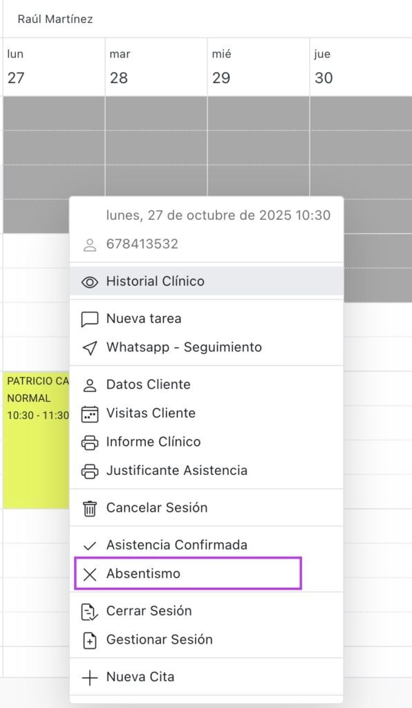 Política de cancelaciones: cómo empezar a aplicarla sin perder pacientes y 3 ejemplos reales para comunicarlo 4 Captura de pantalla del software ifisia en el que se ve cómo marcar el absentismo