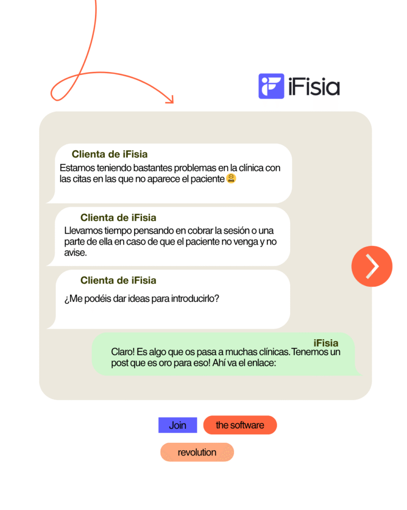 Política de cancelaciones: cómo empezar a aplicarla sin perder pacientes y 3 ejemplos reales para comunicarlo 3 Whatsapp de iFisia en el que una clienta pregunta por ayuda para empezar a cobrar por absentismo